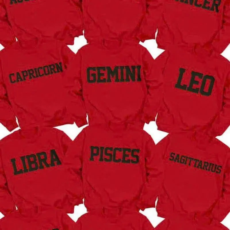 Women's Zodiac Signs Graphic Top - Black-on-Red Print, Unisex Round Neck T-Shirt, Sweatshirt or Hoodie, Women's Clothes, Sagittarius Taurus Aries Gemini, Casual Streetwear Fashion, Virgo