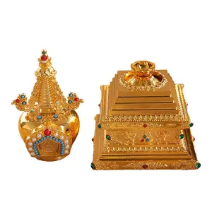 Tibetan Ritual Ornament, Pearl Stupa, Metal Buddha Statue — Home Desktop Decor