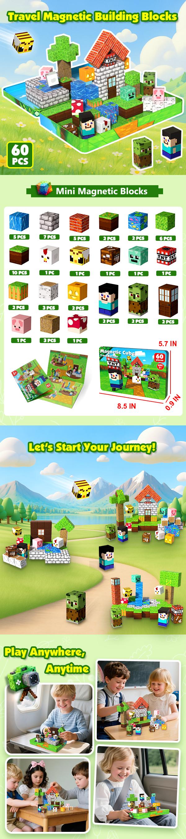 60 PCS Magnetic Blocks with Metal Box, 0.8in Mini Magnetic Building Cubes STEM Educational Toys for Kids Ages 3+ Boys Girls, Travel Airplane Classroom Play, Birthday Christmas Toy Gifts