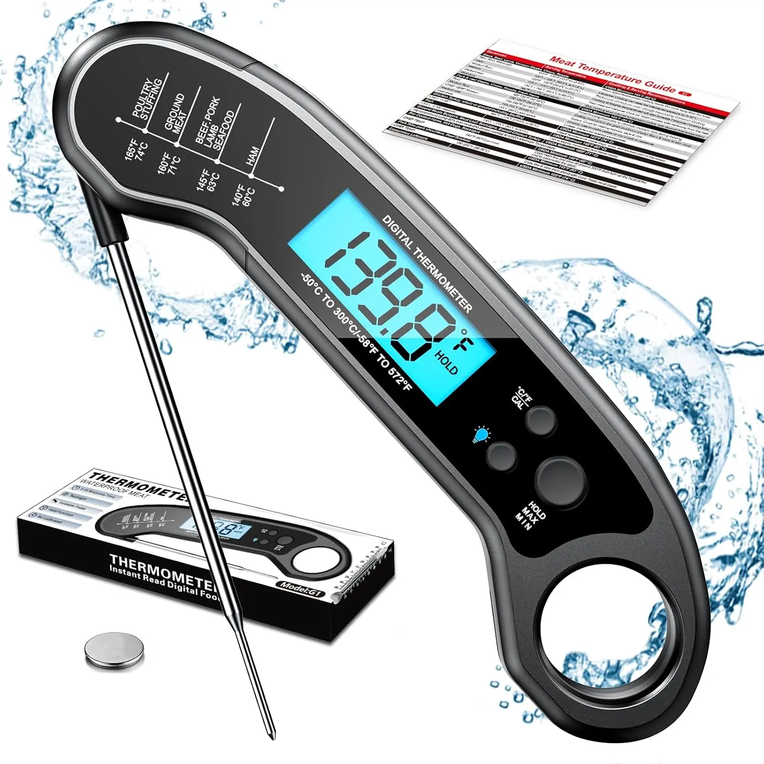 Handheld Digital Meat Thermometer with Digital Display - Kitchen Utensils, Instant Read, Waterproof for Grill, BBQ, Kitchen Use, Single Unit Food Thermometer