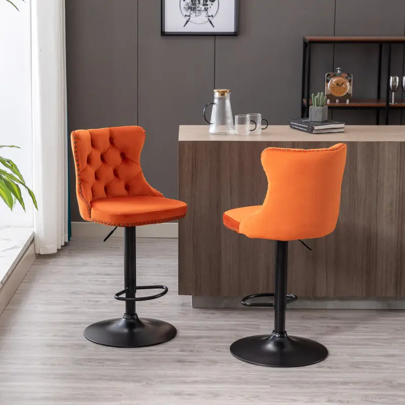 A&A Furniture Modern Velvet Armless Swivel Rolling Barstools (Set of 2, Orange) - Round 17.7in Base, Height Adjust 25-33in, Assembled 45.60in, 21.20x18.10x45.60in, Tufted Back, Durable, Requires Assembly for Home Pub Kitchen Island