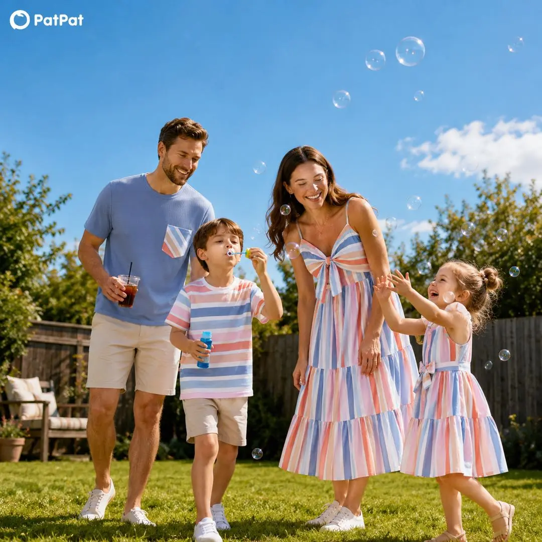 PatPat Family Matching Blue Short-sleeve Tee or Colorful Stripe Camisole Dress 4th of July Independence Day sale