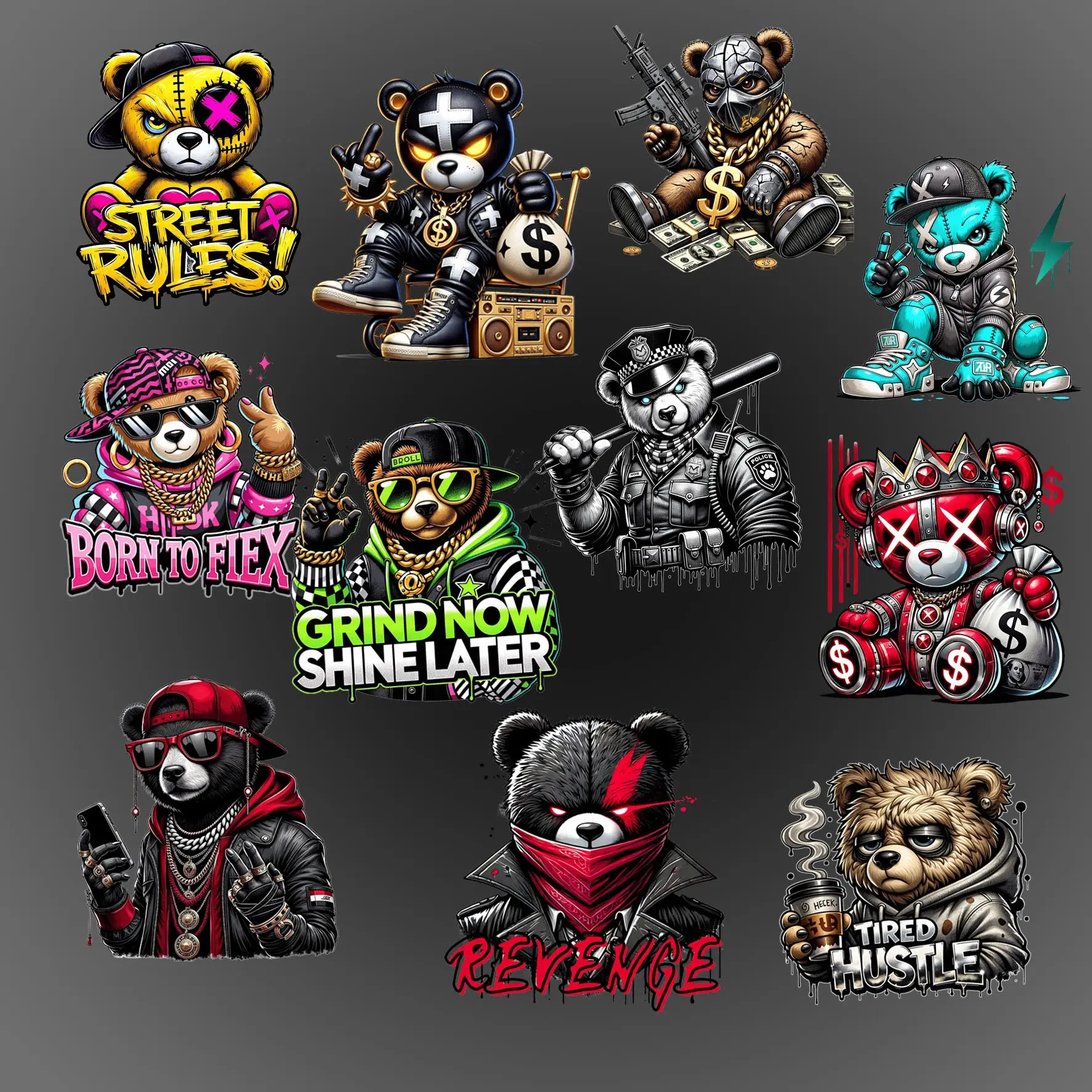 Gangster Bear DTF Heat Transfer Stickers - Craft & DIY Crafts Supplies for DIY Design Apparel, Multiple Patterns, Hip-Hop Streetwear Clothing Items, T-Shirts & Hoodies Sewing Accessories, Wash-Resistant & Durable