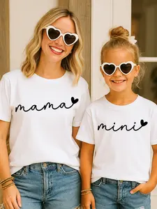 Kids' Cute Cotton Loose-Fitting Heart T-Shirt, 1pc Mama and Mini Bestie Matching Top for Trendy Girls