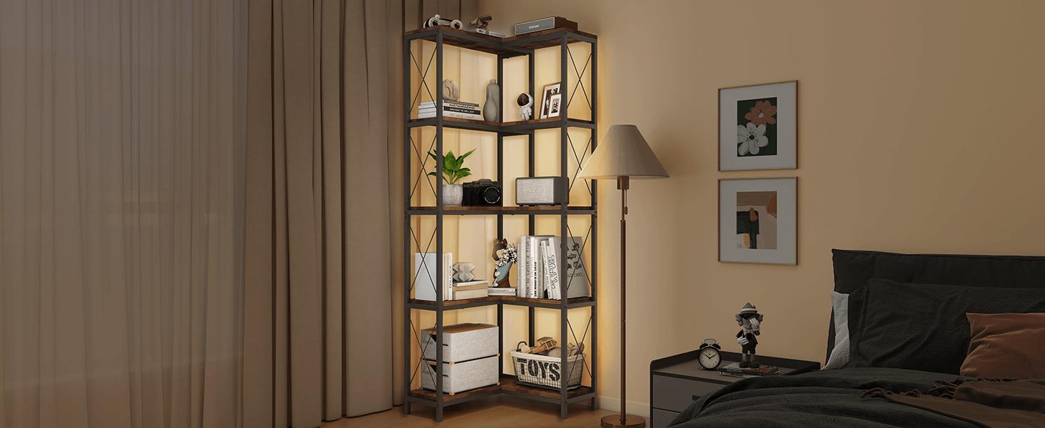 Corner Bookshelf, 5 Tier Industrial Style Design Corner Shelf with Metal Frame and Open Shelves for Living Room, Bedroom, Study, Black  IF153