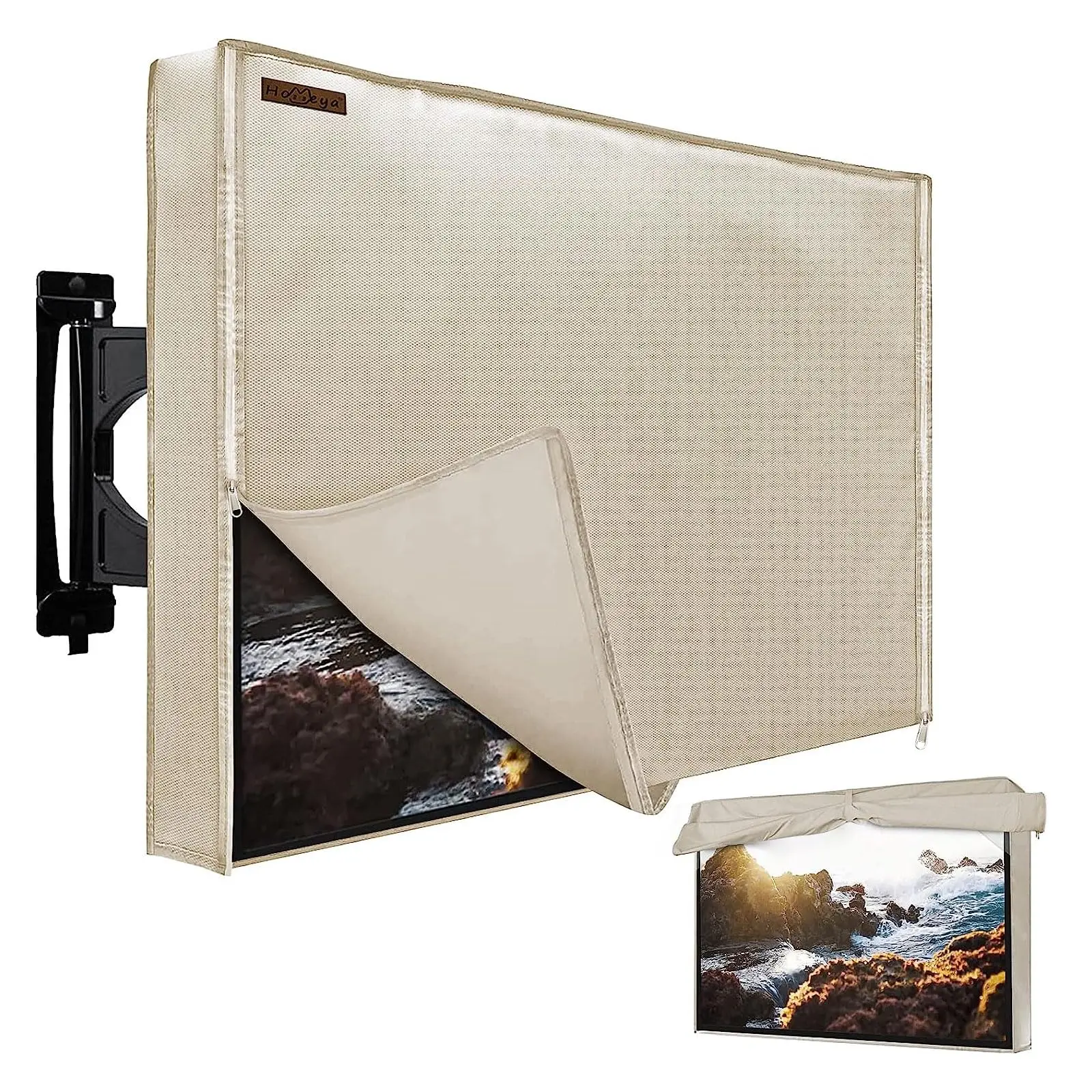 HOMEYA Outdoor TV Cover, 600D Heavy Duty Weatherproof TV Enclosure with Front Flap, Waterproof Zipper+Bottom Cover, for Outside LED LCD Flat Screen TVs-Cover Size