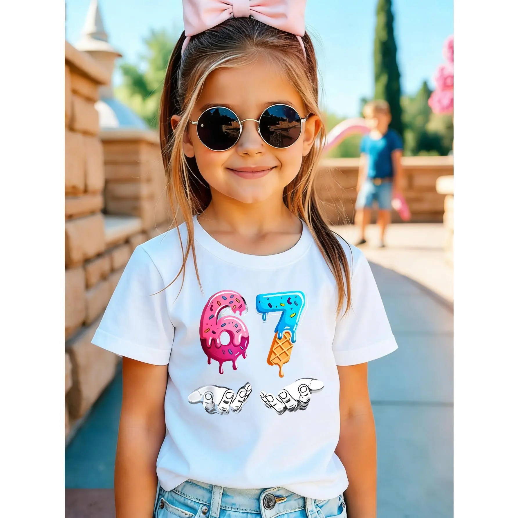 Unisex Kids' Washed Short-Sleeve Soft Cotton T-Shirt - Pink Donut, Blue Ice Cream Hands Print, Fruit Tshirt, Cute Casual School Top for 4-5 Years Boys' Clothing