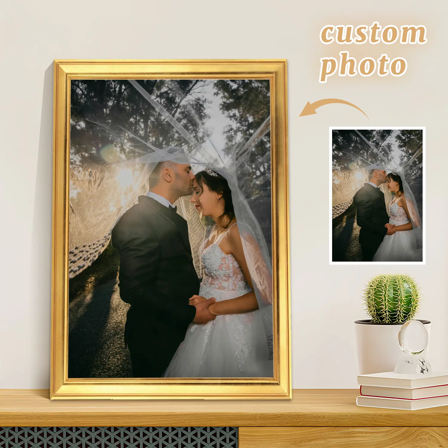 Customizable POD-printed Gold-plated Plastic Steel Picture Frame with Woven Canvas Pine Inner Frame Polystyrene PS Trim for Interior Decor Photo  Elegance Versatile