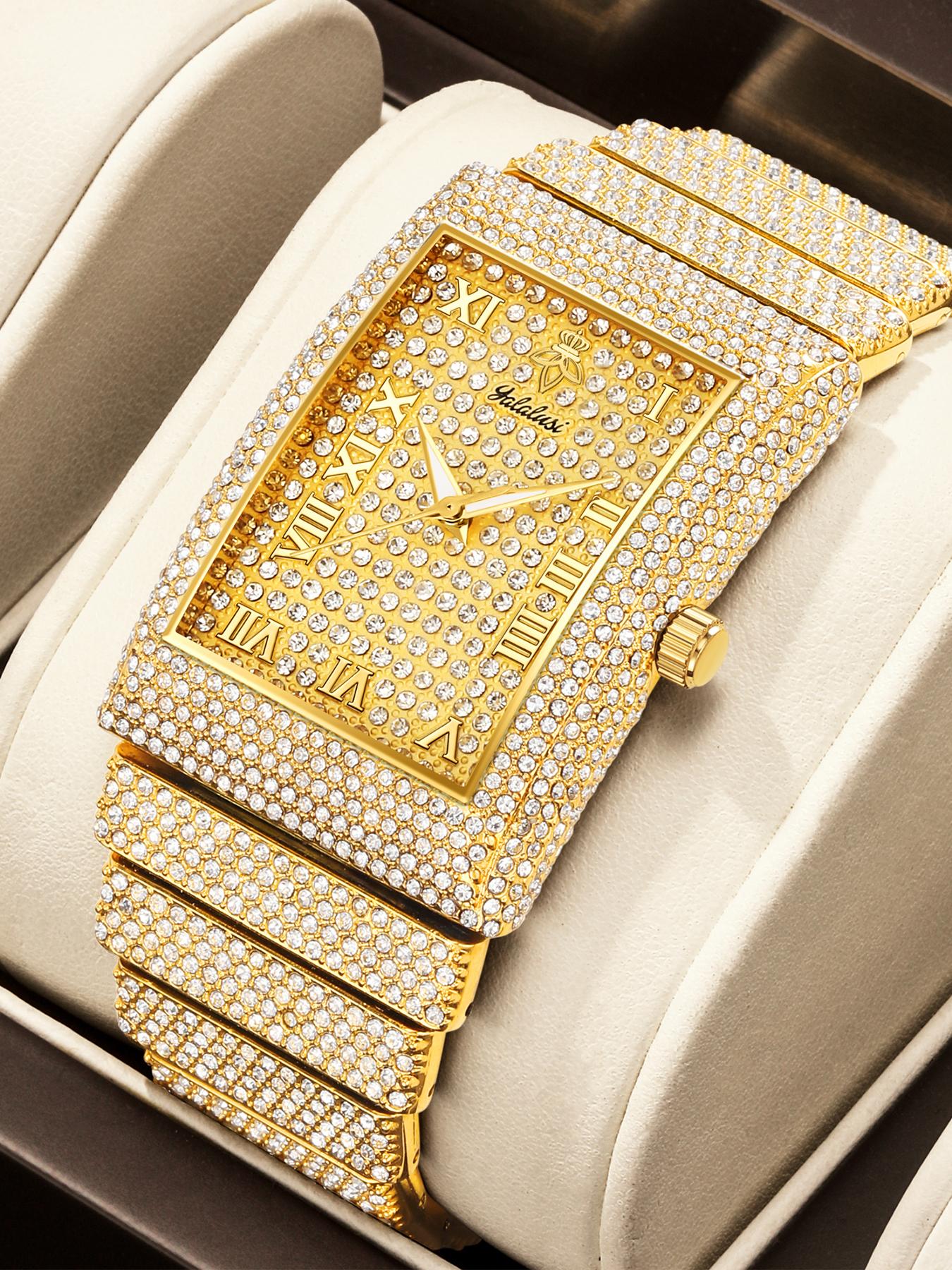 Unisex  Square Synthetic Cubic zirconia  Watch golden & Silver Iced Out Bling Waterproof Luminous Adjustable Perfect Gift for Him & Her LX1082G
