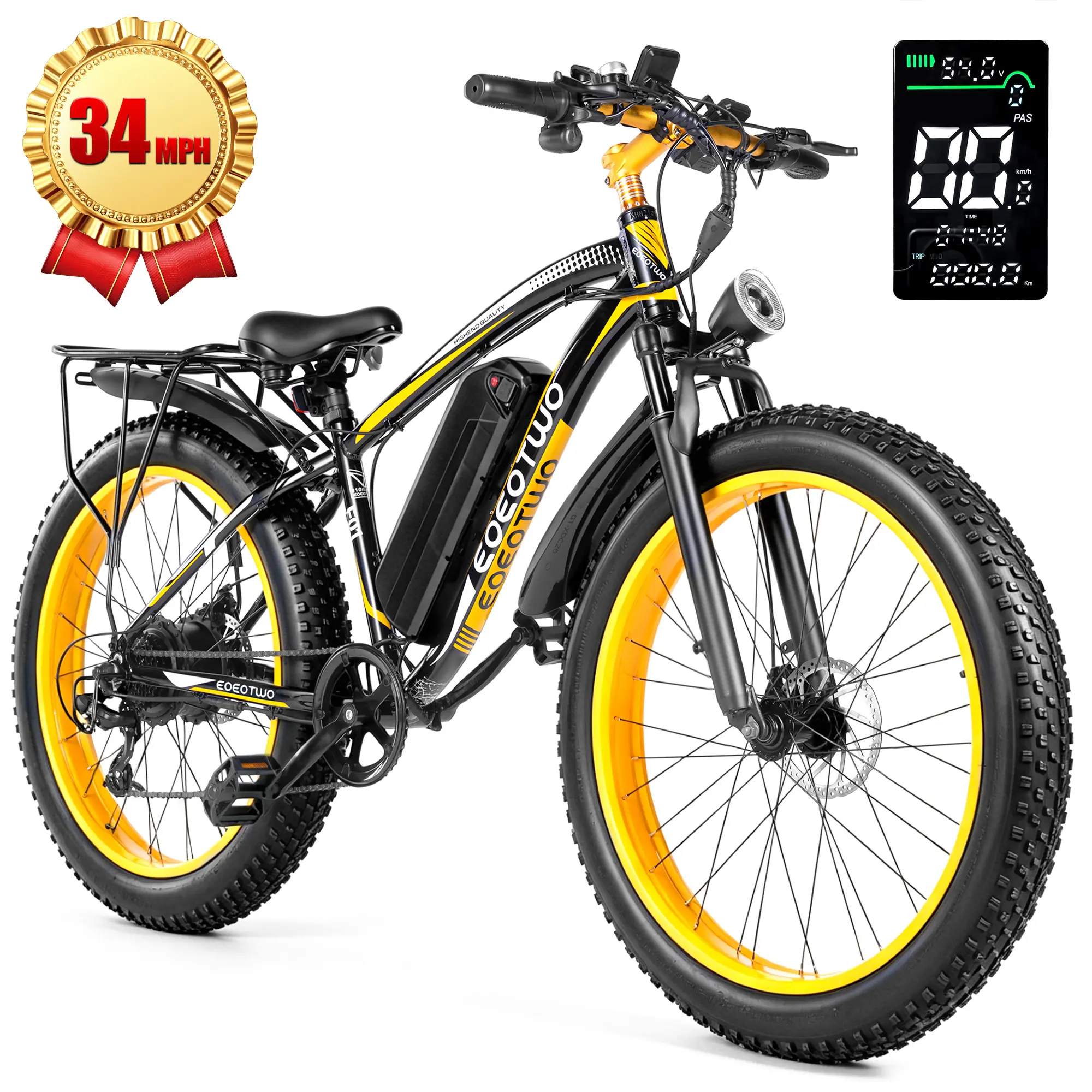 EOEOTWO E01  Electric Bike for Adults with 1500W Peak Motor, 48V 15Ah (720Wh) Battery Electric Bike,Aluminum alloy frame（29.4KG） 26'' x 4'' Fat Tire Ebike, 30+MPH Speed, Cruise Control, with Fenders, Rear Rack