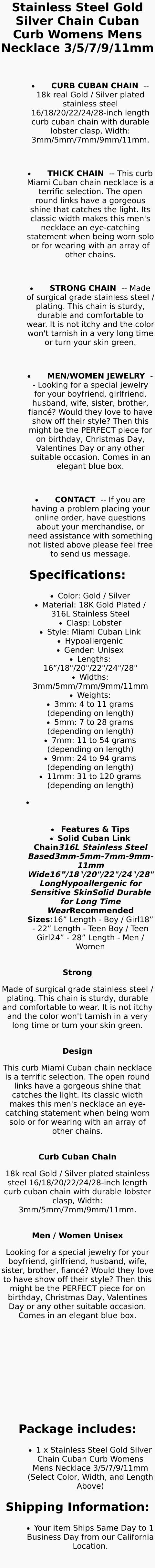 Stainless Steel Gold Silver Cuban Curb Chain Necklace for Women Men 3/5/7/9/11Mm Unisex Jewelry