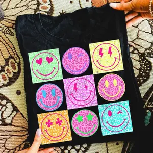 Neon Summer Smiley Face Checkerboard T-Shirt, Trendy Distressed Beach Graphic Tee, Retro Smiley Leopard Summer Shirt, Cute Neon Vacation Top