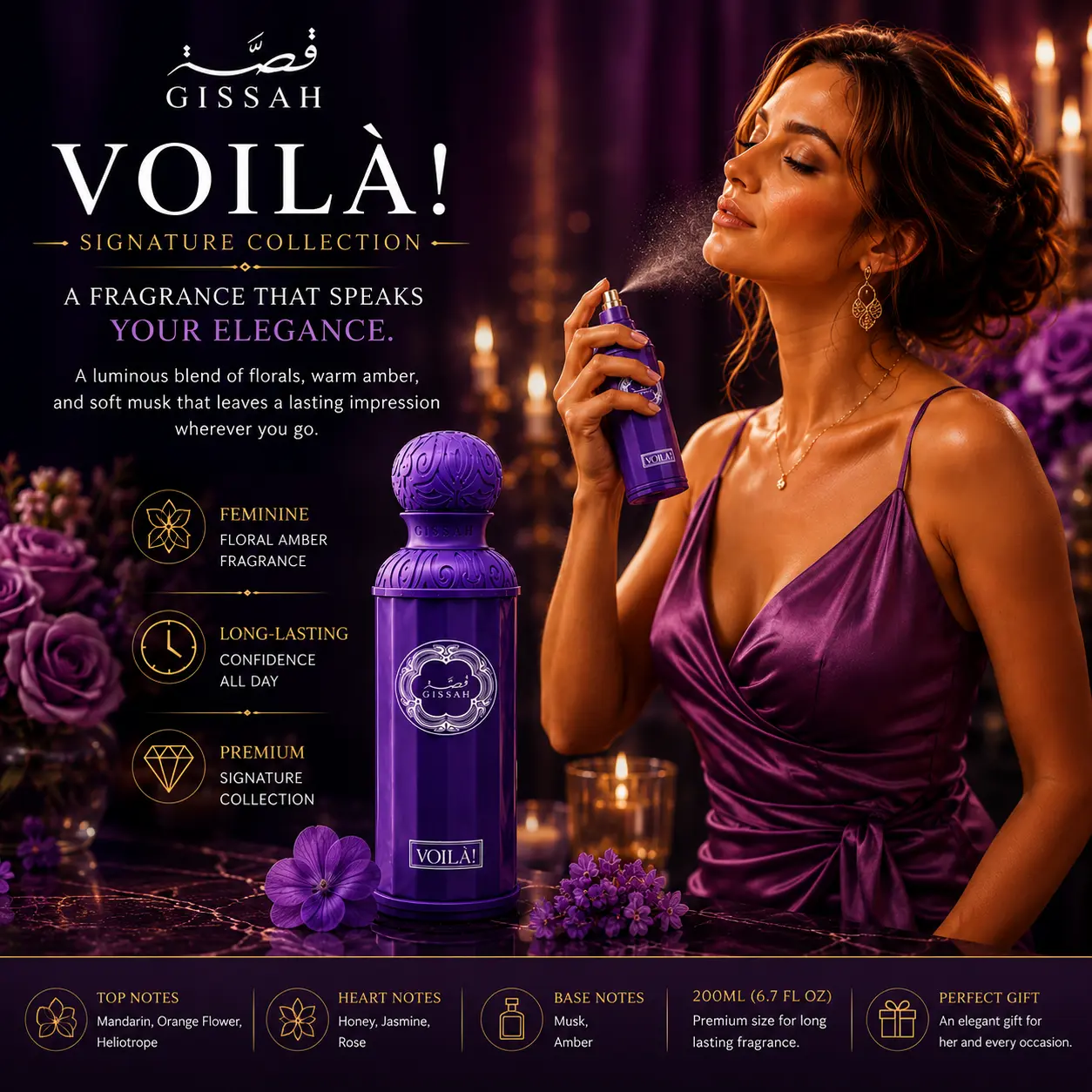 Gissah Voilà Women's Perfume - Floral Amber Musk Fragrance with Mandarin, Orange Flower, Jasmine, Rose, Honey & Amber, Signature Scent, All Seasons, Perfumes For Women, Gissah Perfume