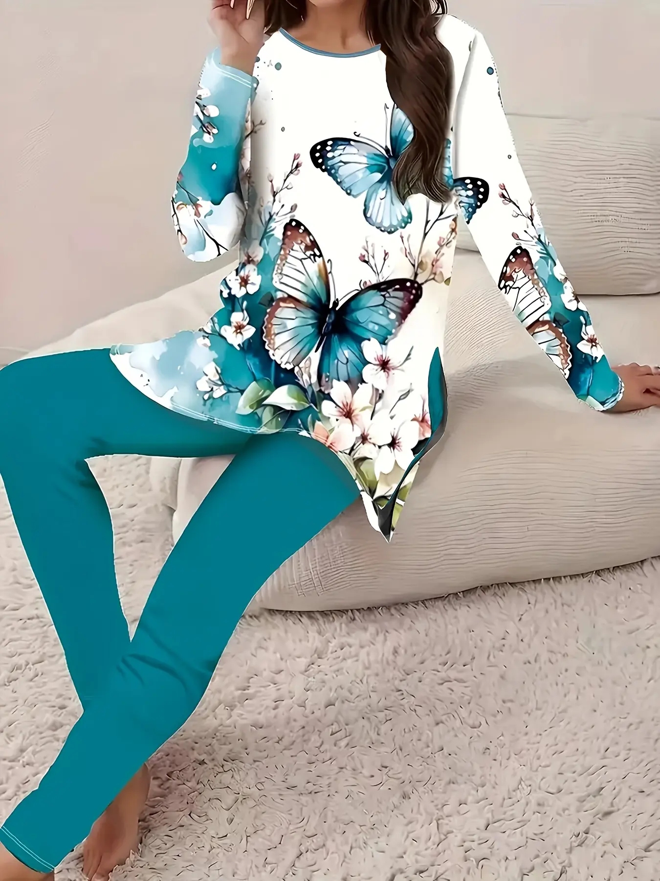Butterfly Print Split Long Sleeve Top and Pants Set, Casual Home Loungewear Two-Piece Pajama Set, Casual Pajamas Set, Women's Fashion Clothing, Comfortable and Stylish, Womenswear