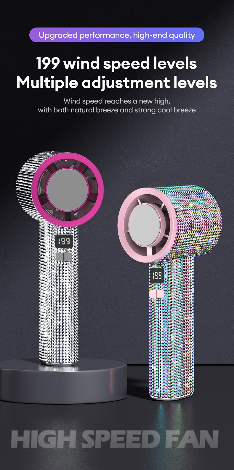 PAXA M15 Full Diamond Luxury Craftsmanship Portable Handheld Turbo Fan, 3 Gear Wind, Rechargeable Long Battery Life Hand Fan With Digital Display For Outdoor Activities, Travel, Office, Wonmen's gift