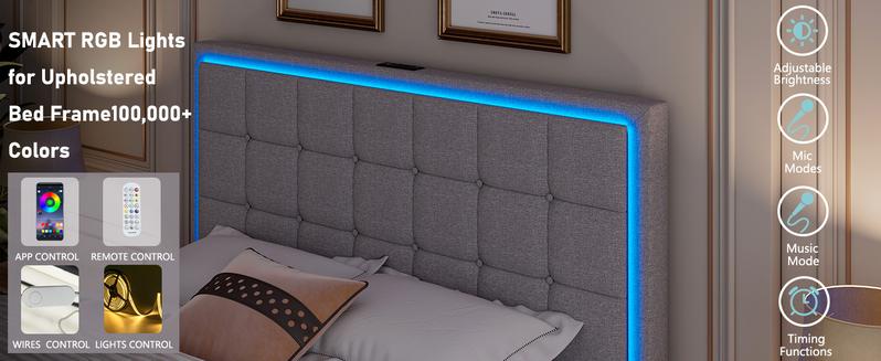 AMERLIFE Modern Bed Frame with RGB LED Lights and Linen Upholstered Headboard, Button Tufted Platform Bed Frame with USB Charging Station, Only Bed Frame/Affordable Luxury Bed Frames/Full/Queen/King Size/Best Gift Ideas/Christmas Gifts