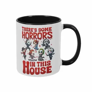 There’s Some Horrors In This House Mug 11oz/15oz Cute Horror Characters Halloween Print Funny Spooky Design Durable Ceramic Perfect for Coffee Lovers Office Decor Halloween Party Home Gift Scary Movie Night