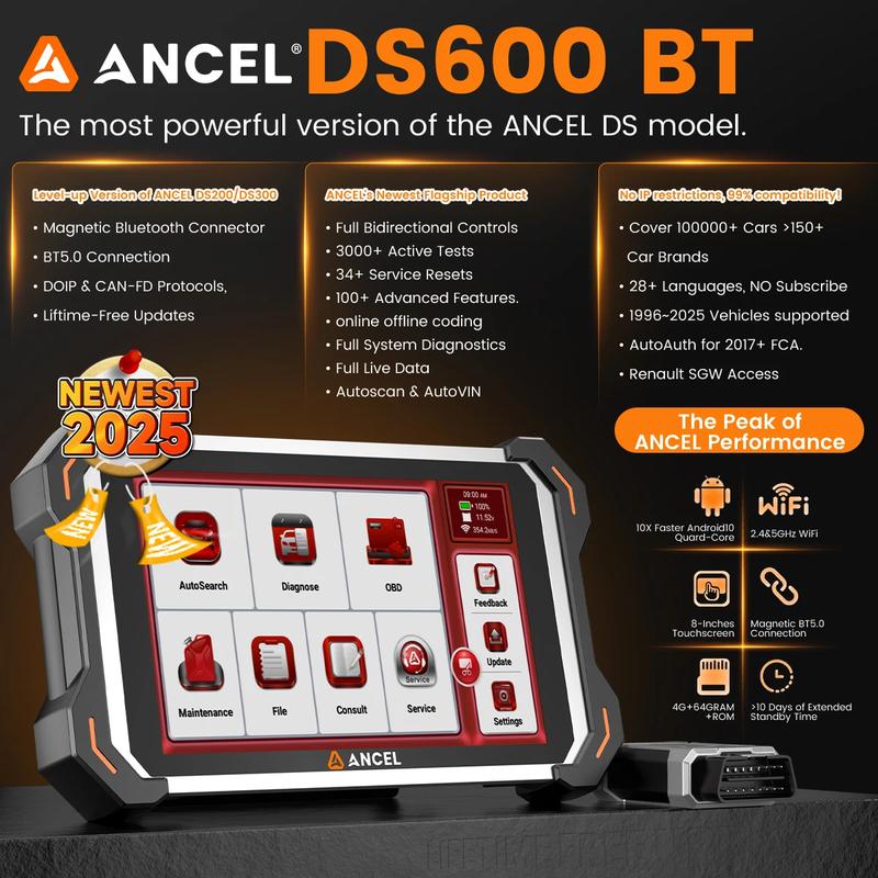 ANCEL DS600BT OBD2 Scanner Full System Diagnostic Tool CANFD/DOIP Bi-Directional ECU Coding 34 Reset Lifetime Free Update Fit for Chevrolet, Ford, BMW E/F/G Chassis, Jaguar, Land Rover
