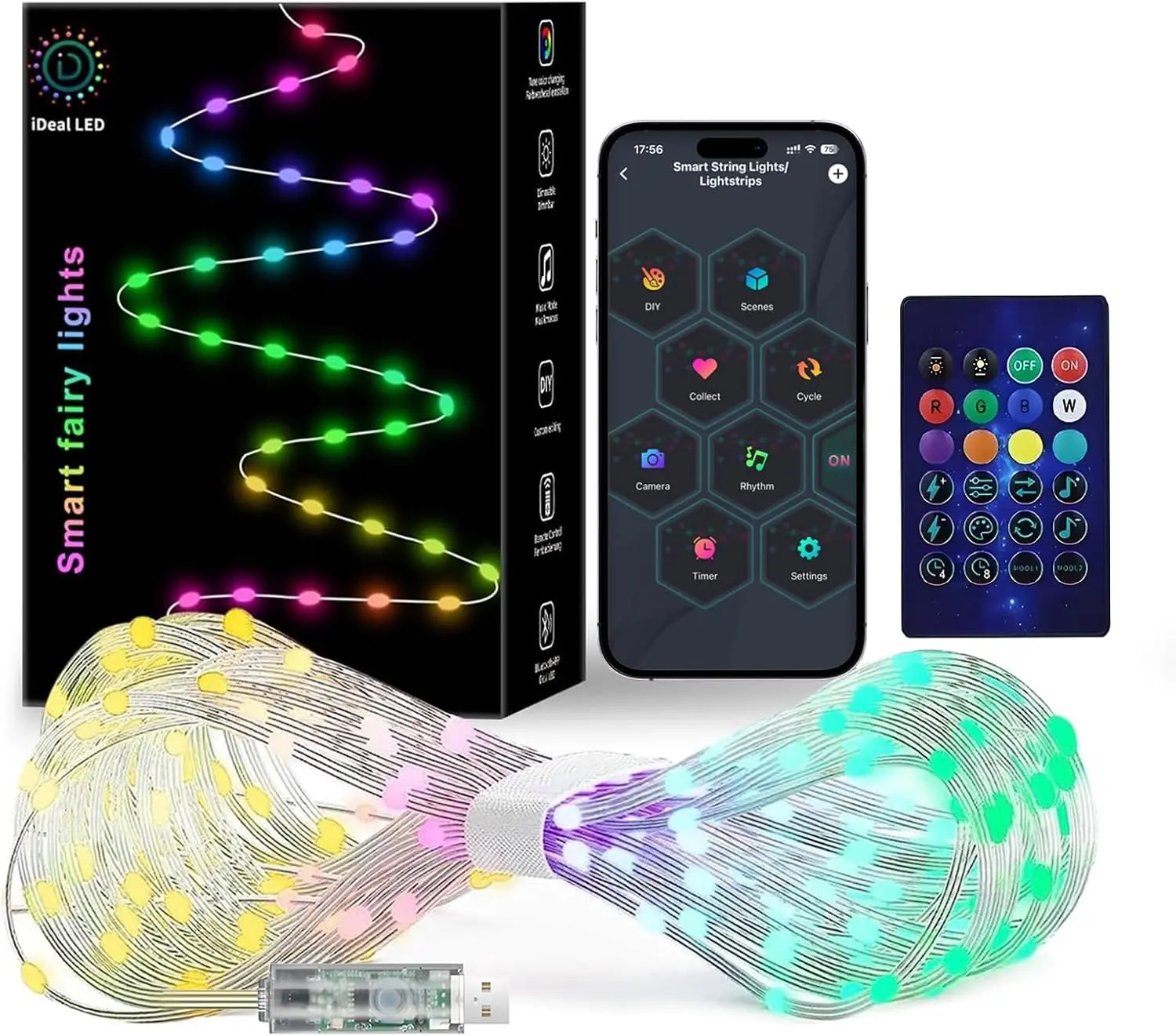 Smart Fairy String LED Lights - 66Ft USB-Solar Powered WiFi Fairy Lights with Remote & App Control, 200 RGB LED Music Sync, 12 Modes, Rainbow Lighting & Warm White, Color-Shift Effects for Christmas Party, Car Decor
