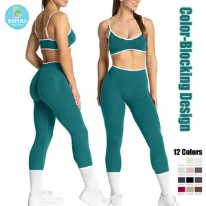 BBFIRA 2 Pieces Workout Sets for Women, Womens 2 Piece Workout Sets Seamless Color Block Sports Bra Scrunch Butt Lifting High Waist Leggings Gym Set