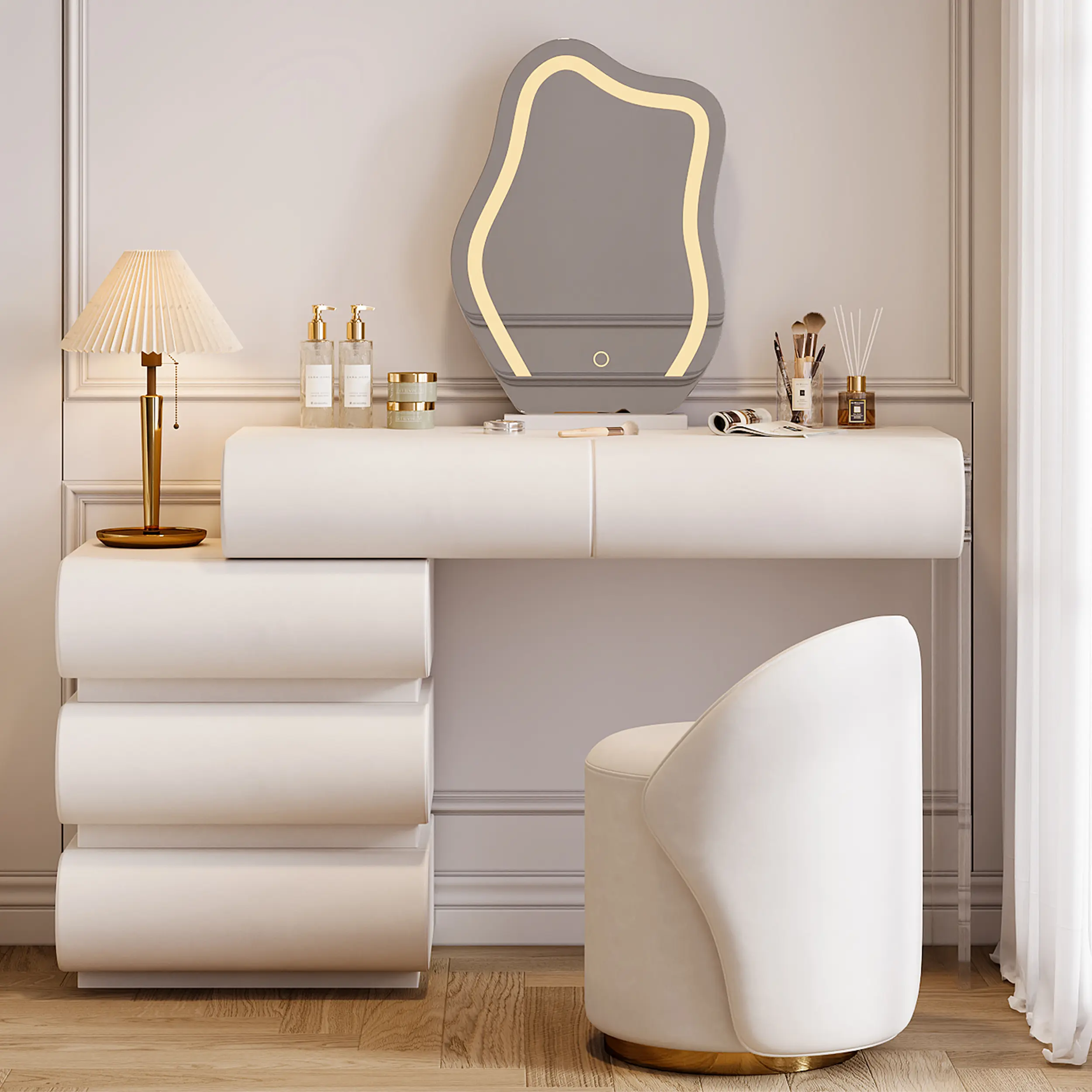 Homary Humply Leather Beauty Vanity Set, Modern Stylish Illuminated LED Makeup Vanity with Mirror and Lights (Indoor Furniture), Makeup Vanity Desk With Lights, Led Vanity Dresser