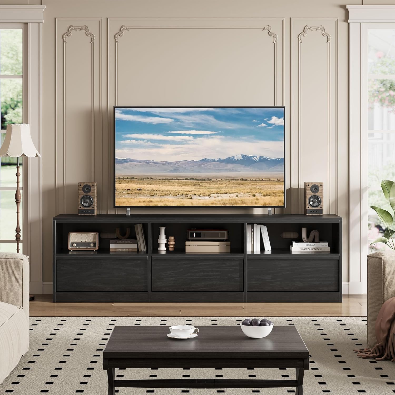 Mid Century Modern TV Stand 70" - Heavy Duty Steel-Framed Entertainment Center with Sliding Barn Doors, Open Shelving & Storage Drawer, Fits TVs Up to 85" Black