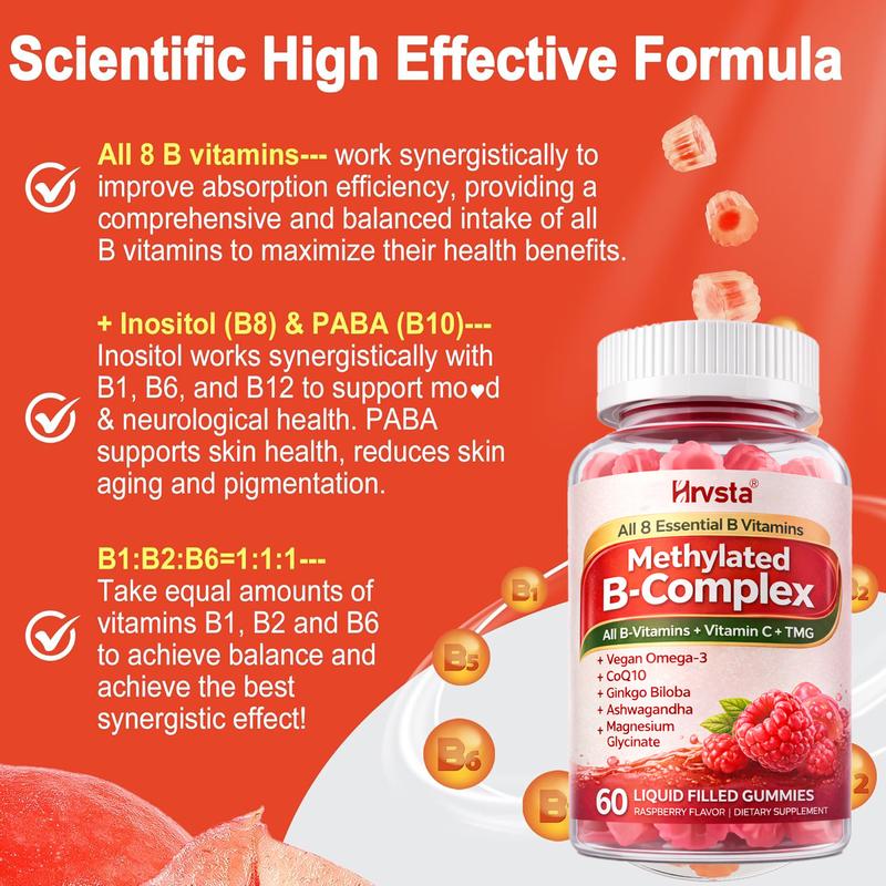Ultra-Potent Methylated Vitamin B Complex Gummies - Contains all B vitamins + Omega-3, Magnesium, Coenzyme Q10, Ashwagandha, Vitamin C, and TMG - Suitable for both men and women.