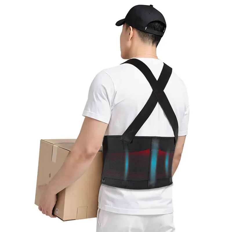 Adjustable Lower Back Brace with Shoulder Straps & Suspenders, Injury Prevention Work Support for Heavy Lifting, Construction Use (Black, Large)