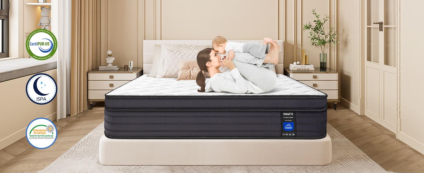 【SIMARTH】  Hybrid Mattress 10/12/14 Inch in Twin, Full, Queen, King – Medium Firm Memory Foam + Pocket Coil Support, Pressure Relief Bed in a Box for Cozy Home Rooms