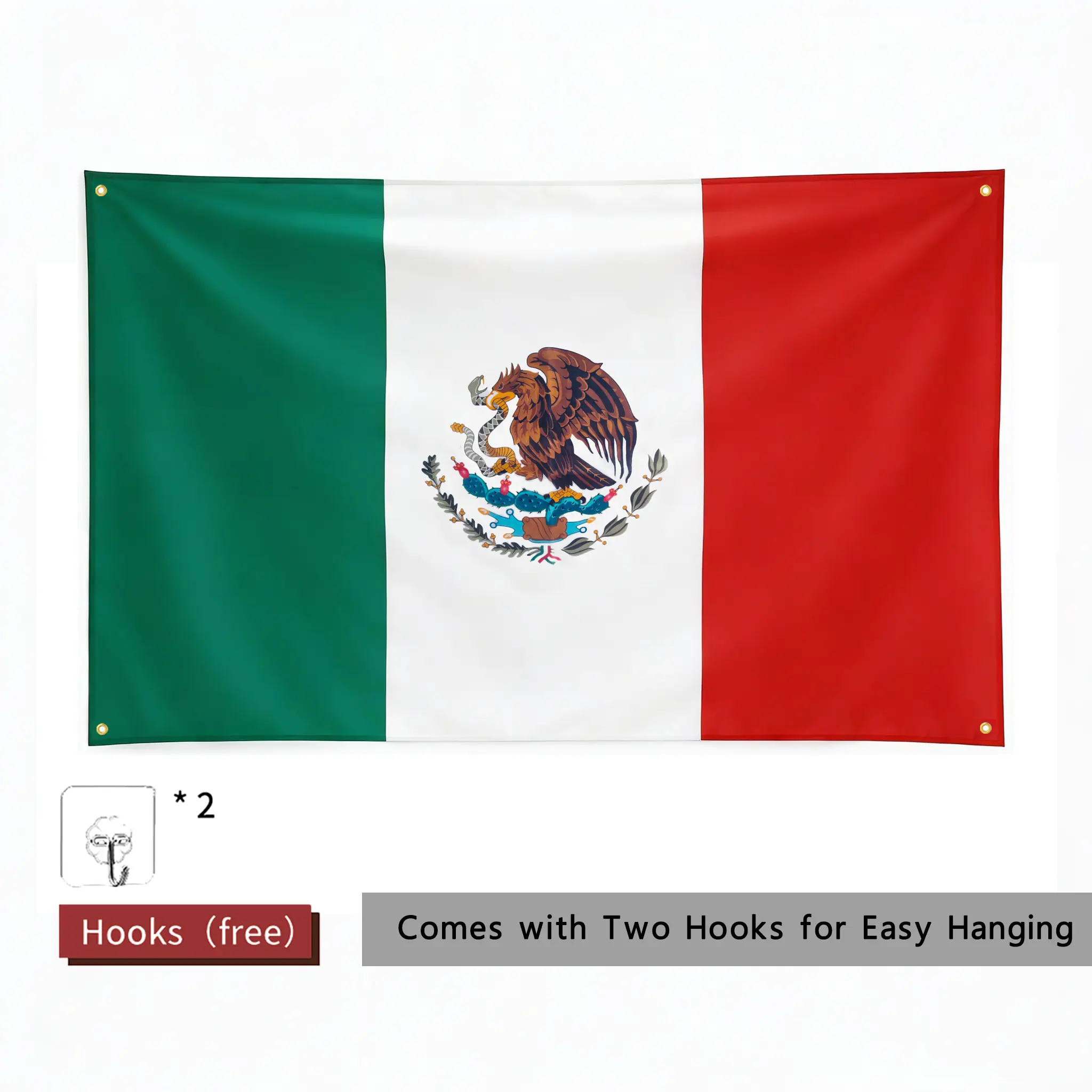 1pc 3x5 FT Mexico Polyester Flag - Double-Stitched Edges, 4 Brass Grommets, 2 Free Hooks, Vivid Fade-Resistant Printing, Lightweight Banners for Room Decor, Hang on Flagpoles/Walls/Porches, Mexican Pride Celebrations, Independence Day
