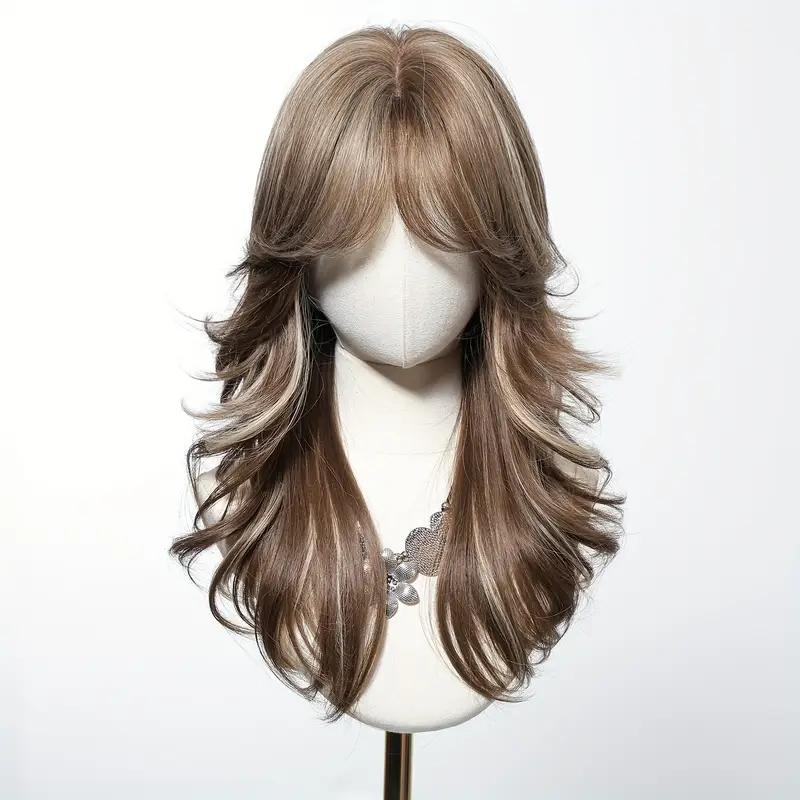 Elegant Brown to Blonde Ombre Hairpiece with Bangs Daily & Party Wear for All Ethnicities Handmade Wig Fluffy Synthetic Wigs Synthetic Braided Wig Highlight Bob Wig Frontal Wigs Black Wig