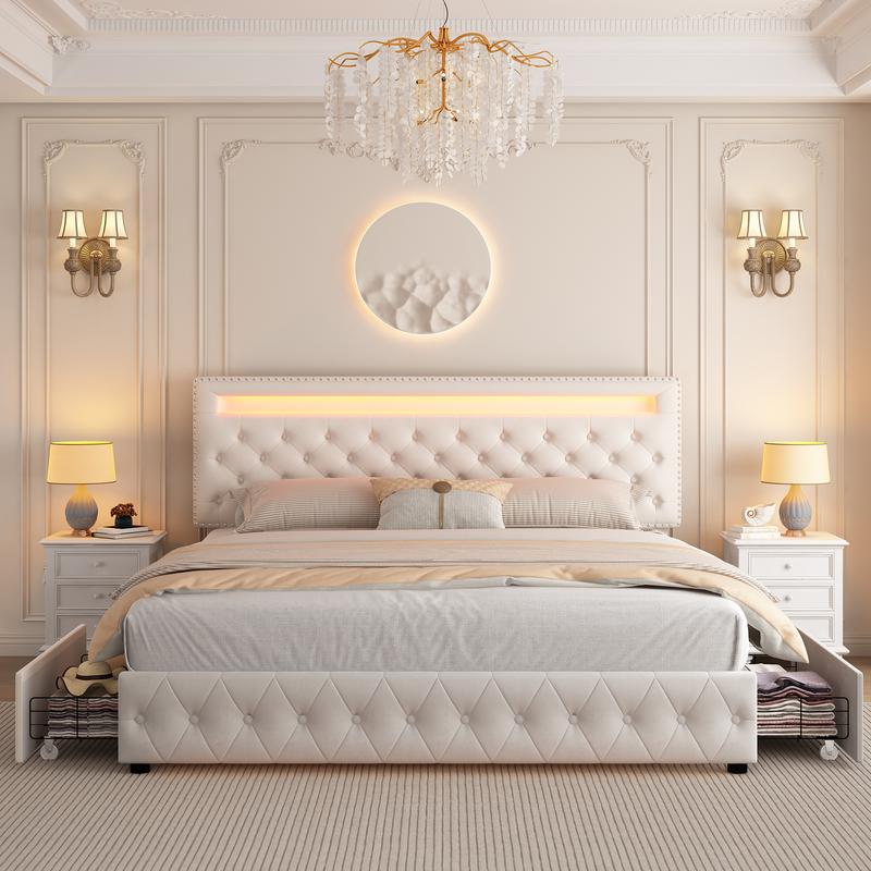 GEGOFORU Queen LED Storage Bed Frame with 4 Drawers, Smart RGBW Lights in Headboard & Footboard, App & Remote Control, Quiet Upholstered Platform Bed, Off-White PU / Velvet, No Box Spring Needed