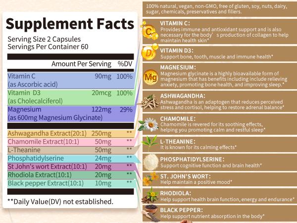 10-in-1 Cortisol Supplements with Magnesium, Ashwagandha, Chamomile, L-Theanine, St. John's Wort, Rhodiola, Vitamin C & D3, for Women Men, 120 Vegan Capsules.