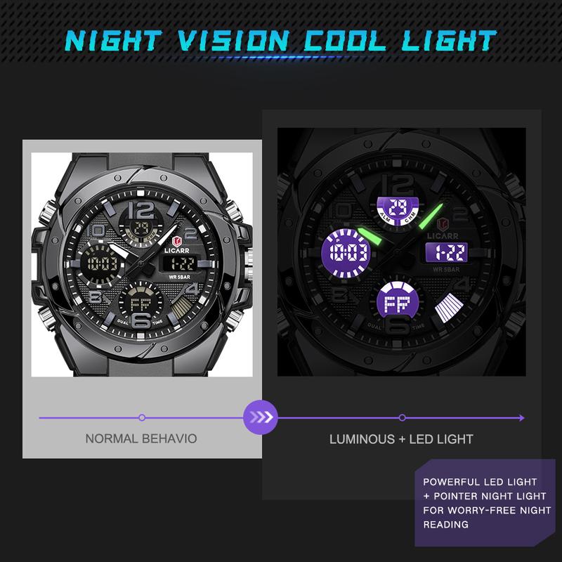 LICARR Men's Quartz Digital Watches Waterproof Alarm Luminous
