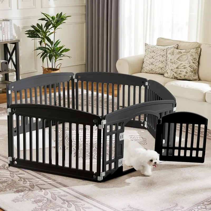 24in Black 6-Panel Portable Puppy Pen Enclosure - Travel-Ready Fold Heavy Plastic Gate with Secure Door, Non-Skid Rubber Feet, Easy Assembly & Storage for Small Dogs, Indoor/Outdoor Use