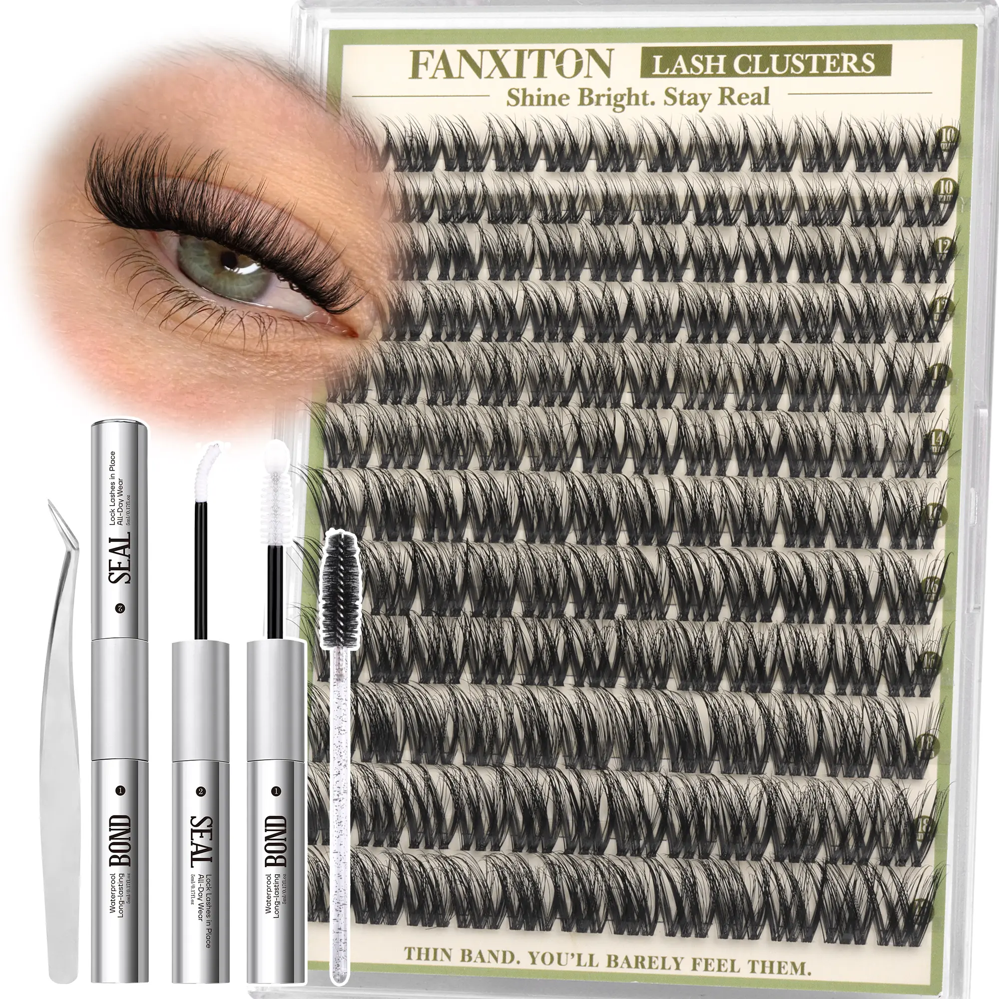 FANXITON Cloud Fluffy Lash Clusters Kit, 144 Wide Lash Clusters, 10-18mm CD Curl, Ultra-Thin Clear Band, Bond & Seal, Tweezers and Brush