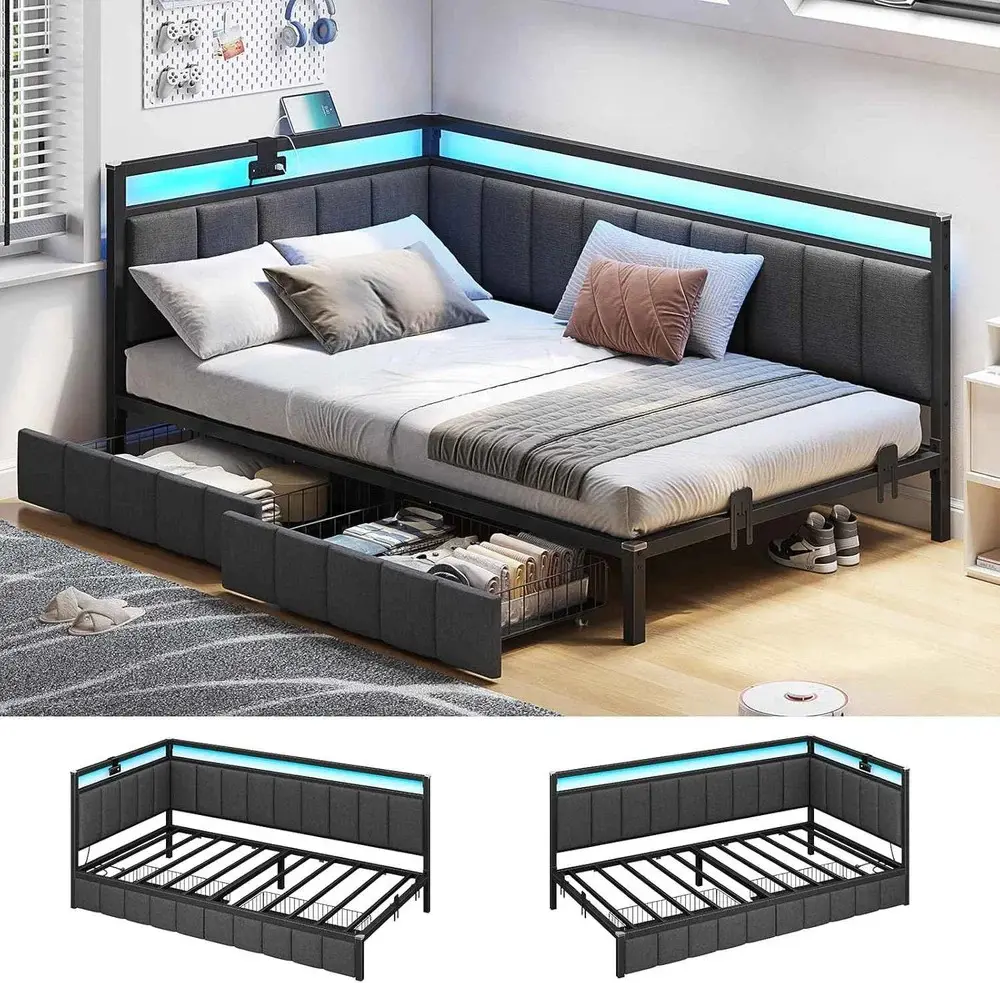 Sikaic Corner Bed Frame with Storage Drawers, Daybed with Linen Fabric Upholstered Fence, Bed Unit with LED Light and Charging Station, Modern Bed Frame, Home Furniture Christmas Gifts [SohoChic]