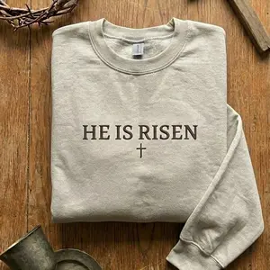 [Made in US] Embroidered He Is Risen Cross T-Shirt Sweatshirt Hoodie, Christian Faith Apparel, Easter Resurrection Shirt, Religious Gift for Men Women, Jesus Lover Outfit, Bible Verse Church Clothing, Christian Apparel