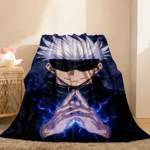 Jujutsu Kaisen Gojo Satoru Domain Expansion Flannel Fleece Blanket – Striking dark cosmic backdrop with Gojo in his iconic hand-seal pose, glowing with blue cursed energy, capturing the power of the series’ most beloved character, perfect for anime fans