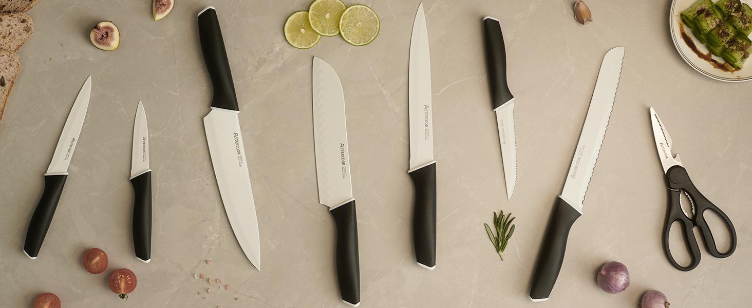 Astercook 14-Piece Kitchen Knife Set with Knife Block & Sharpener, Ceramic Coated Stainless Steel, Dishwasher Safe, Modern Home Cooking Cutting Carve