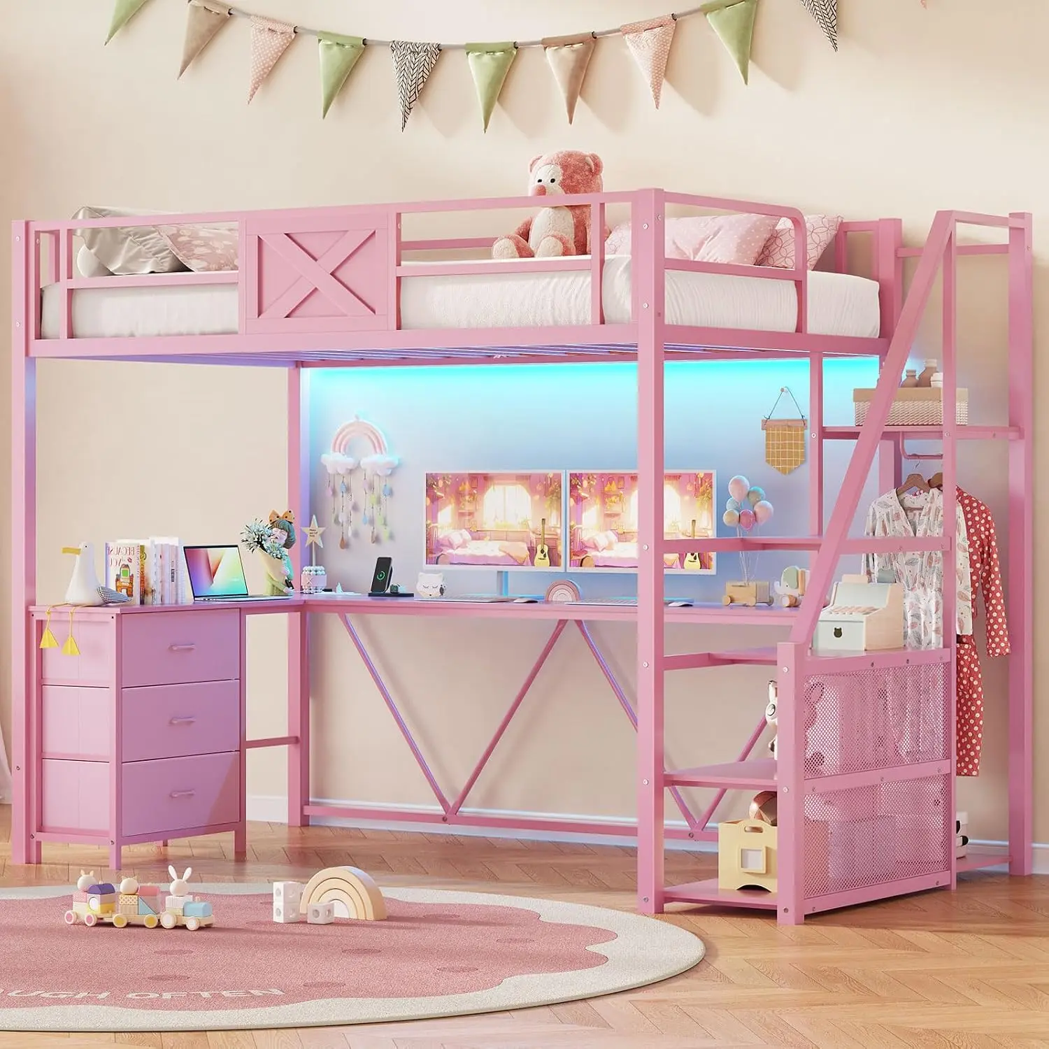 Sikaic Twin/Full Size Loft Bed with L Shaped Desk and Wardrobe, Metal Loft Bed Frame with Stairs, 3 Fabric Drawers, LED Lights & Charging Sation, No Noise & No Box Spring Needed  Christmas Gifts [SohoChic]