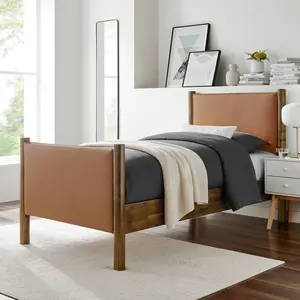Maven Twin Size Vegan Leather Upholstered Platform Bed in Tan Walnut