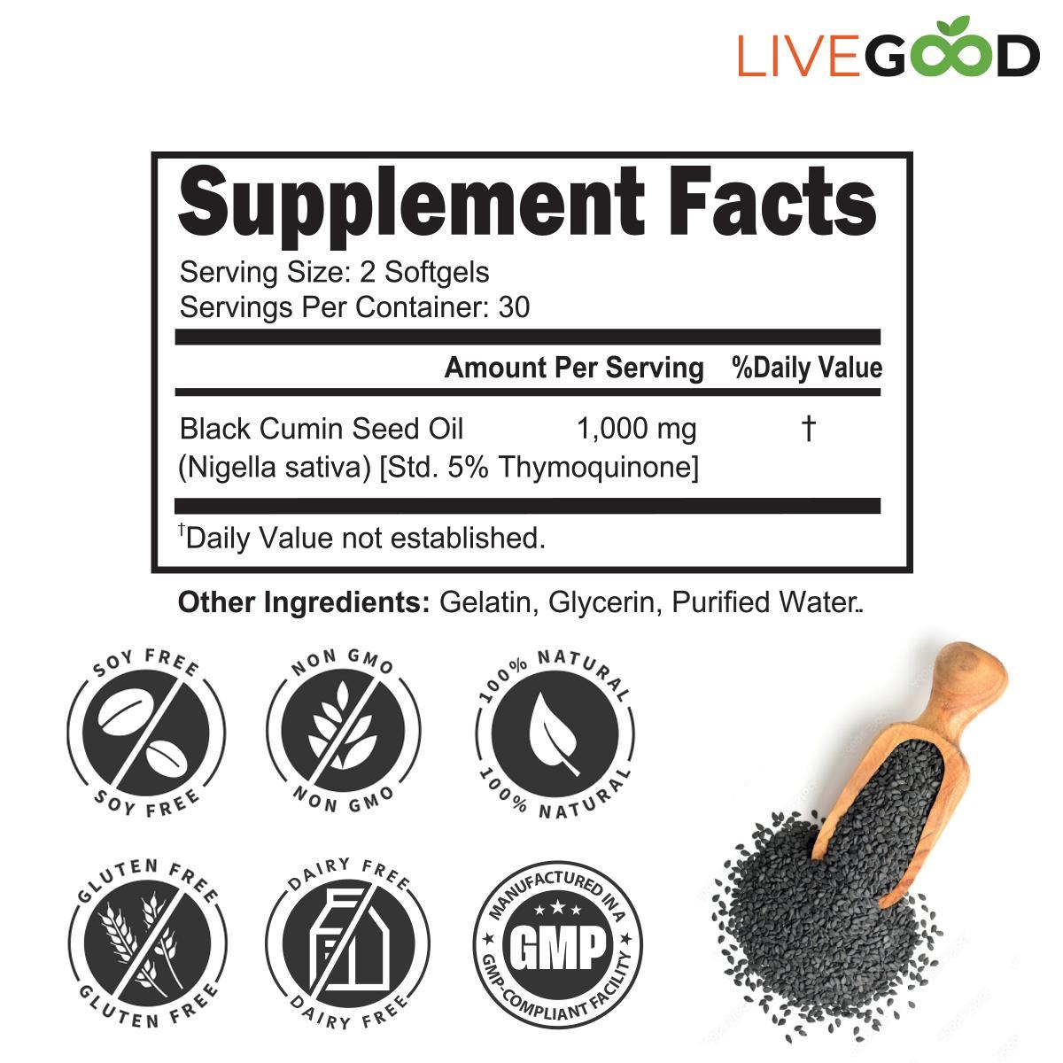 LiveGood Black Seed Oil Capsules | 5% Thymoquinone | Cold-Pressed Nigella Sativa | Immune & Wellness Support | 60 Softgels