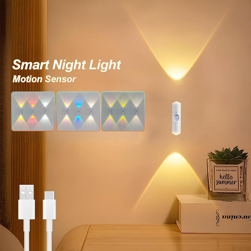 4 Pack Motion Sensor LED Night Lights, Smart Rechargeable RGB Gradient Ambient Wall Lamps, Dimmable Magnetic Stick-On Lights, USB Charging, Long Battery Life for Bedroom, Stairs, Hallway, Entryway, Party Decor