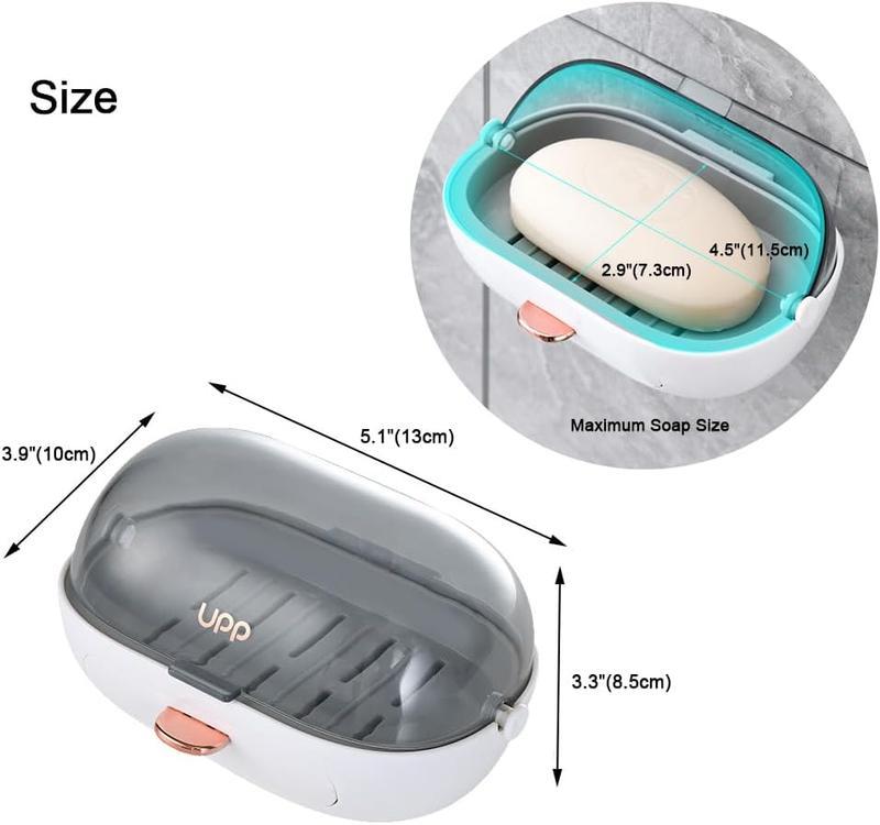 2 Pack Shower Soap Dish Holder with Lid, Bar Soap Holder with Drain, Wall Mounted Soap Box Container for Shower, Bathroom, Bathtub, Kitchen Sink, Adhesive Included