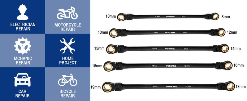 #JumpstartSale WORKPRO Extra Long Flex-Head Ratcheting Wrench Set, 5-Pack Anti-Slip Double Box Wrenches Set, Metric 8-19 mm, 72-Teeth, Cr-V Steel and Black Electrophoretic Coating Wrenches with Rolling Pouch