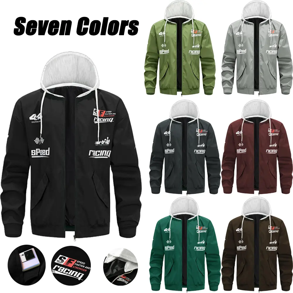 Racing letter print faux two-piece hooded baseball jacket, American motorcycle street style with a clean, straight cut, men’s biker-style zip-up outerwear