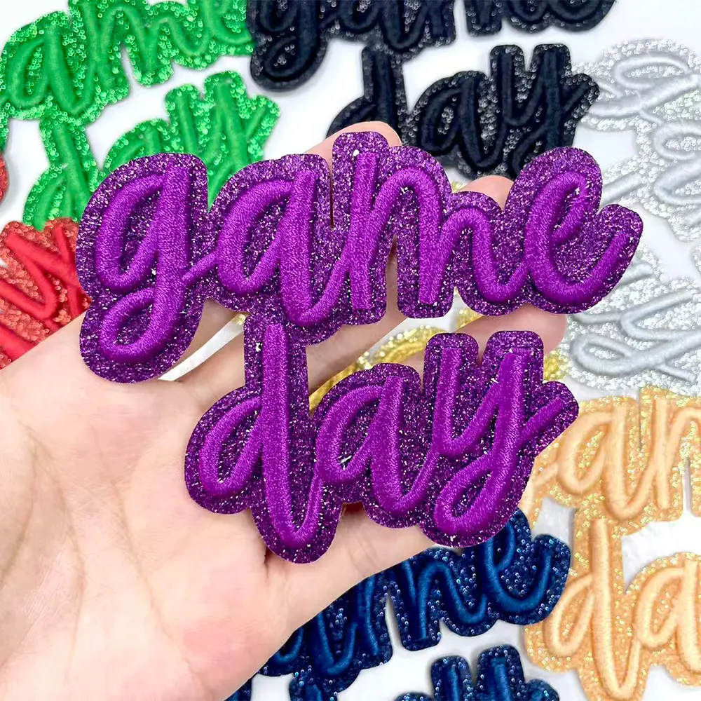 CY 8PCS Purple 3D Sports Event Iron-On Embellished Patches - Adhesive Back, Glitter Edge, Embroidered Letter Applique for Football Gamer Pro DIY Trucker Hats, Clothes, Customizing Projects
