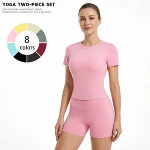 New Women's Two-Piece Set: Solid Color High-End T-shirt and High-Waisted Fitted Shorts Sports Set. This breathable and quick-drying casual sports set is ideal for yoga, gym workouts, summer wear, and fitness running activities.