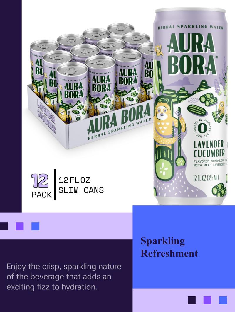 Aura Bora, Craft Sparkling Water Beverage made with Real Herbal Extracts, Lavender Cucumber, 12oz cans, Pack of 12